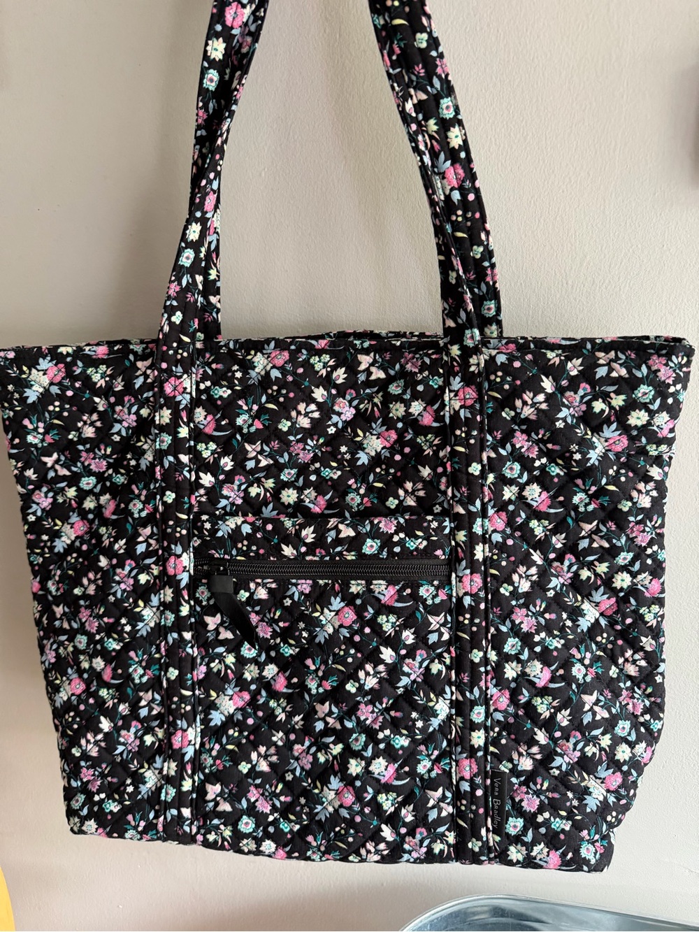Vera Bradley Quilted Tote Bag - Black with Pink & Mint Flowers